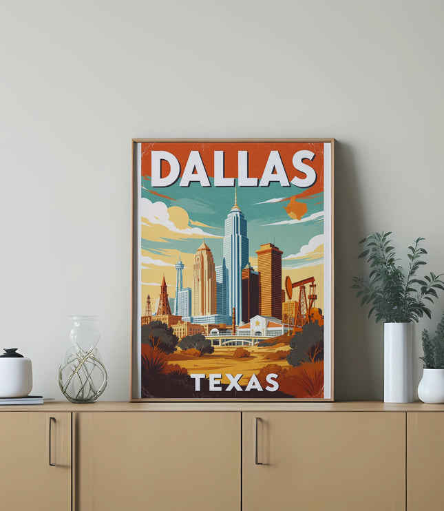 Dallas skyline artwork displayed on a light brown dresser.