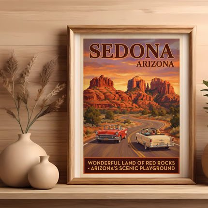 Sedona Arizona vintage travel poster with classic cars and red rock formations.