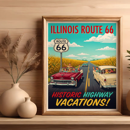 Route 66 historic highway vacations poster with vintage cars and road sign.