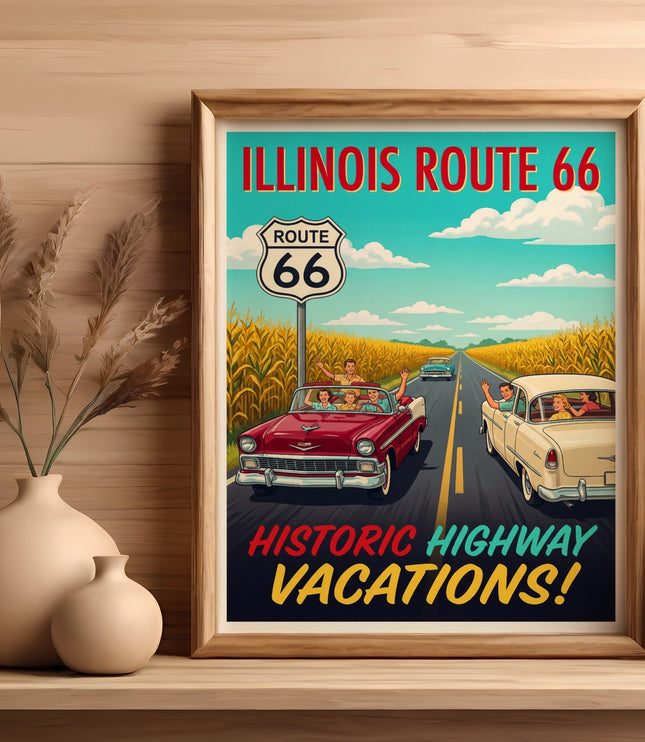 Route 66 historic highway vacations poster with vintage cars and road sign.