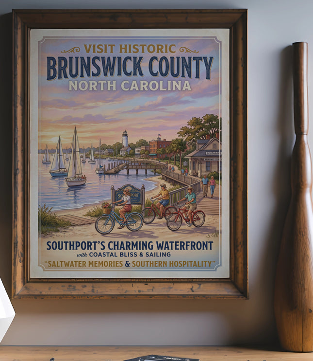 Poster of Southport's charming waterfront with sailing and bikes. Visit Historic Brunswick County.