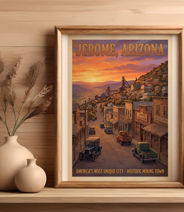 Jerome, Arizona vintage poster showing a historic mining town at sunset.