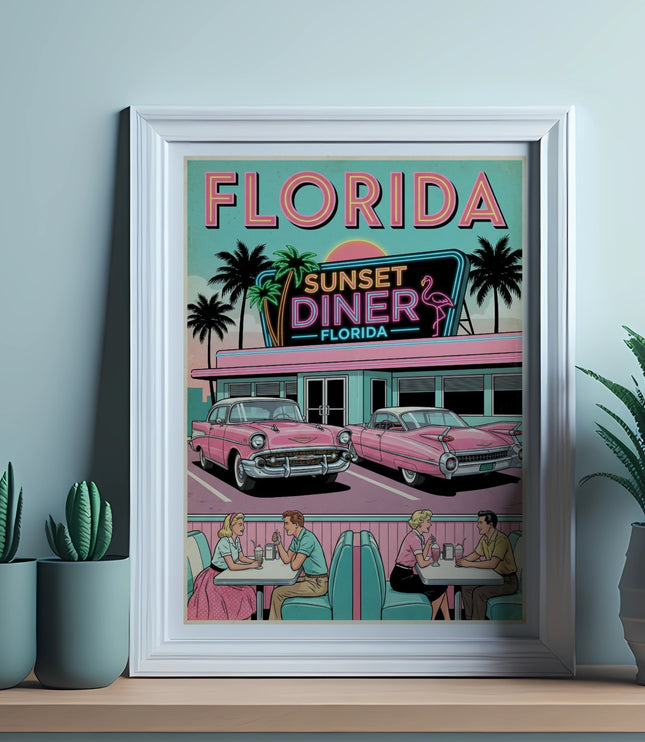Framed artwork depicting "Sunset Diner Florida" with vintage cars and diners.