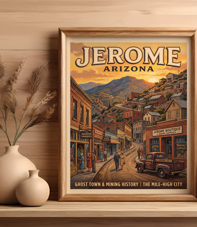Poster of Jerome, Arizona, featuring Main Street, ghost town, and mining history.