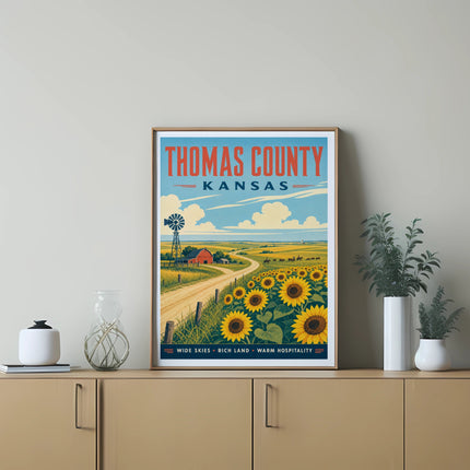 Thomas County, Kansas vintage travel poster with sunflowers and windmill.