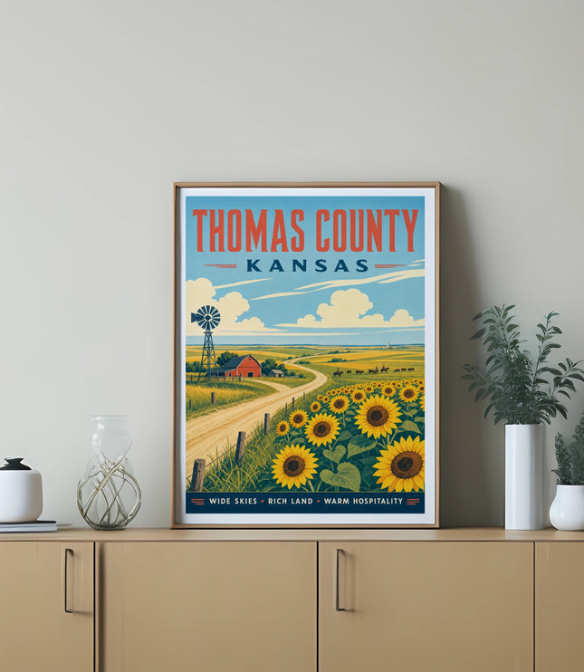Thomas County, Kansas vintage travel poster with sunflowers and windmill.
