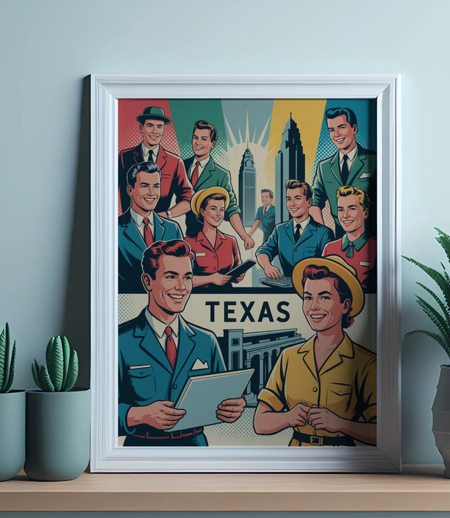 Retro illustration with text "TEXAS" features smiling people and city buildings.