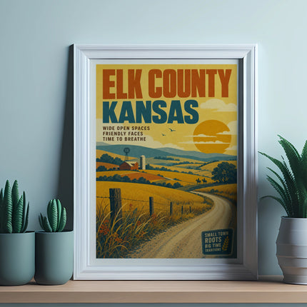 Elk County, Kansas vintage travel poster with rolling hills and barn.
