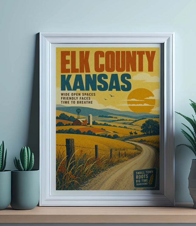 Elk County, Kansas vintage travel poster with rolling hills and barn.