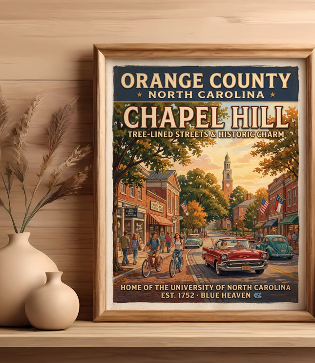 Framed Chapel Hill, North Carolina print featuring historic street scene with cars and people.