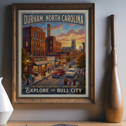 Vintage style poster of Durham, North Carolina tobacco district with key buildings and text.