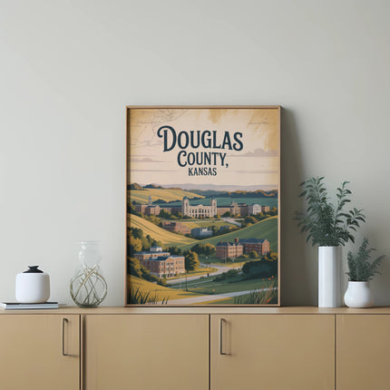 Vintage illustration of Douglas County, Kansas, with buildings and greenery.