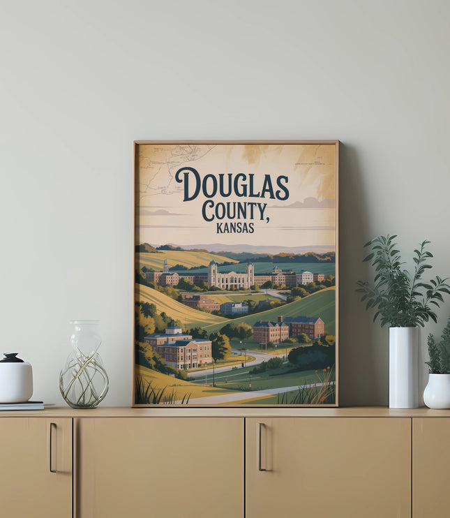Vintage illustration of Douglas County, Kansas, with buildings and greenery.