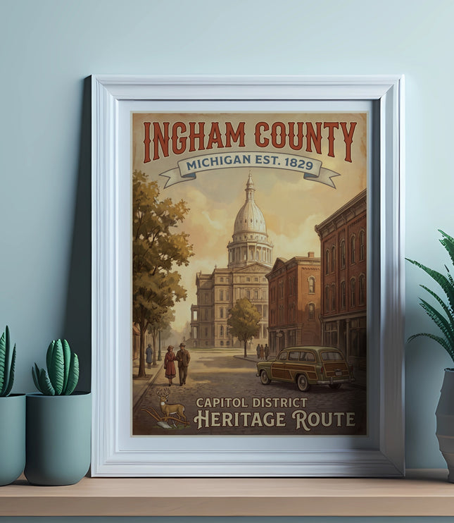 Framed vintage poster of Ingham County, Michigan, Capitol District Heritage Route.