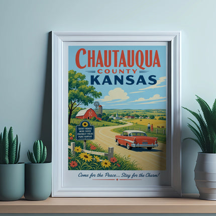 Chautauqua County Kansas travel poster with farm, red car, and text.