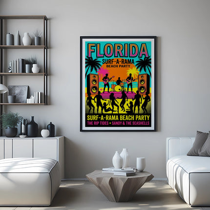 Florida Surf-A-Rama Beach Party poster with band playing, palm trees, and text.
