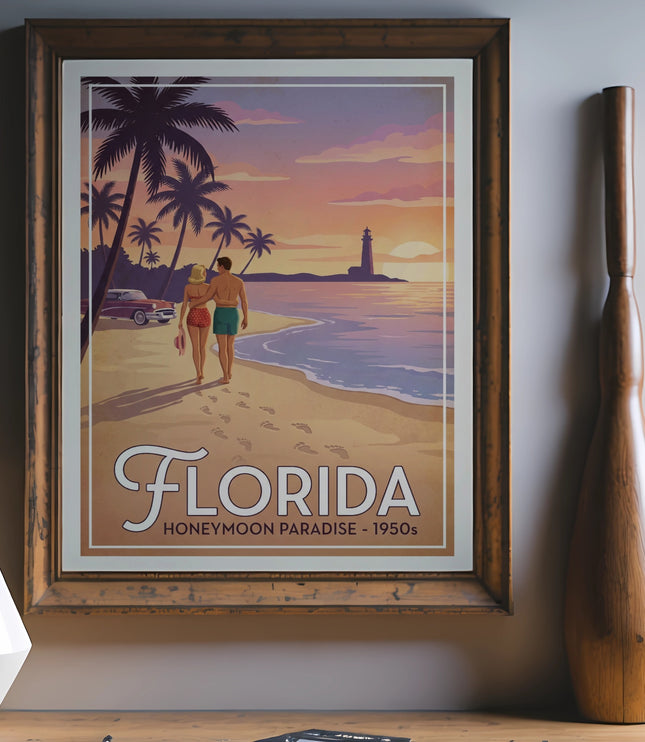 Framed Florida Honeymoon Paradise vintage poster with couple on beach at sunset.