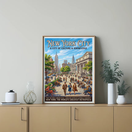 New York City poster with "A City of Culture & Knowledge" and cityscape.