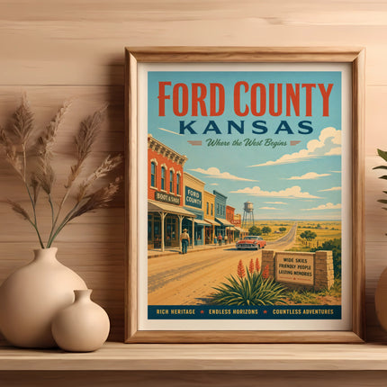 Ford County, Kansas vintage travel poster with town scene and text.