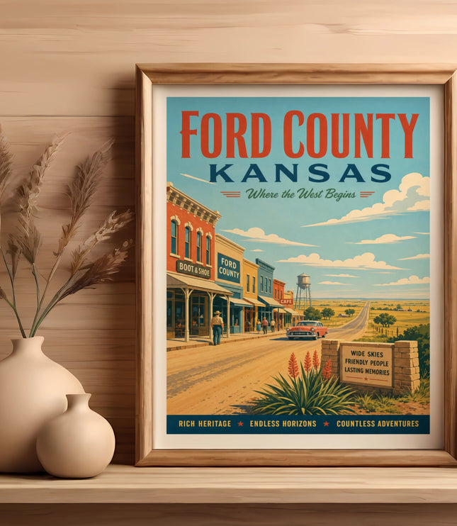 Ford County, Kansas vintage travel poster with town scene and text.