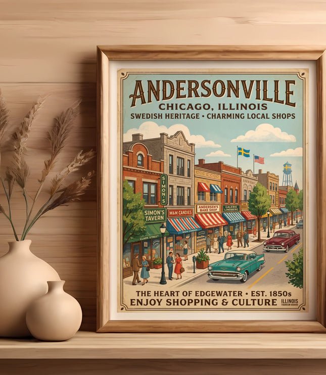 Vintage travel poster for Andersonville, Chicago, Illinois, depicting street scene.