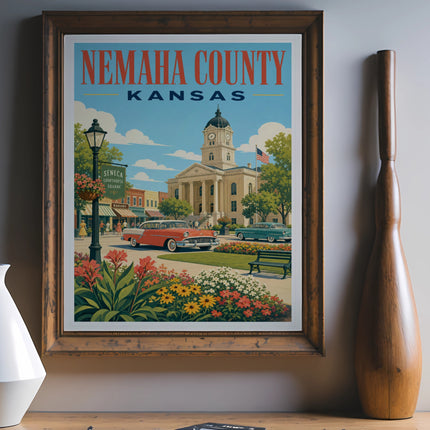 NEMAH COUNTY KANSAS vintage travel poster with courthouse and classic cars.