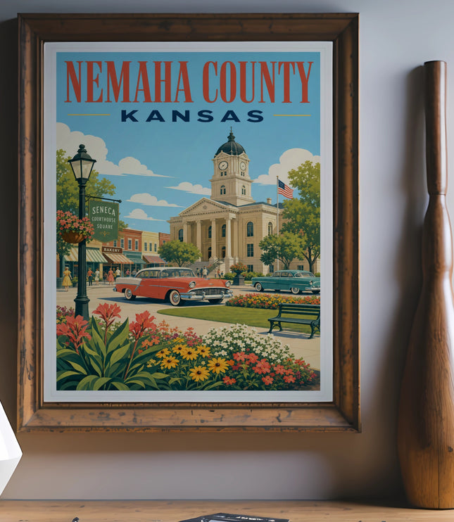 NEMAH COUNTY KANSAS vintage travel poster with courthouse and classic cars.