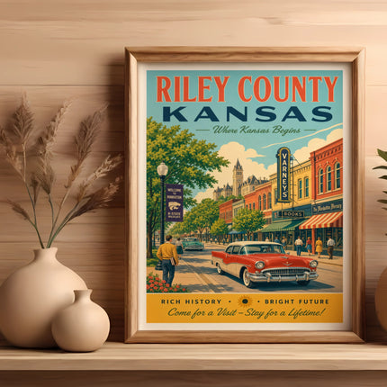 Vintage travel poster for Riley County, Kansas, featuring a classic car.