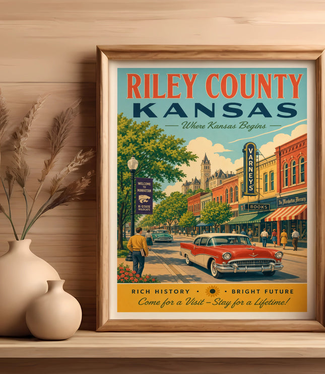 Vintage travel poster for Riley County, Kansas, featuring a classic car.