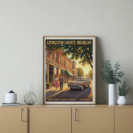 Poster of Livingston County, Michigan historic main street in Howell with vintage car and couple.