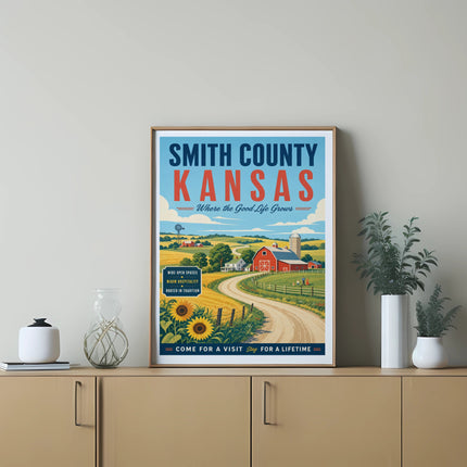 Smith County, Kansas poster with farm, sunflowers, and text.