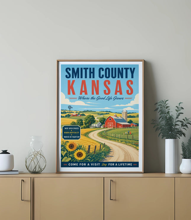 Smith County, Kansas poster with farm, sunflowers, and text.