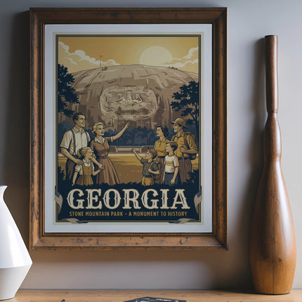 Retro Georgia Stone Mountain Park monument to history poster with families.
