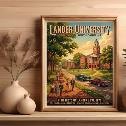 Lander University Greenwood, South Carolina poster with vintage cars and campus buildings.