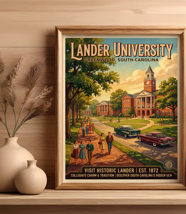 Lander University Greenwood, South Carolina poster with vintage cars and campus buildings.