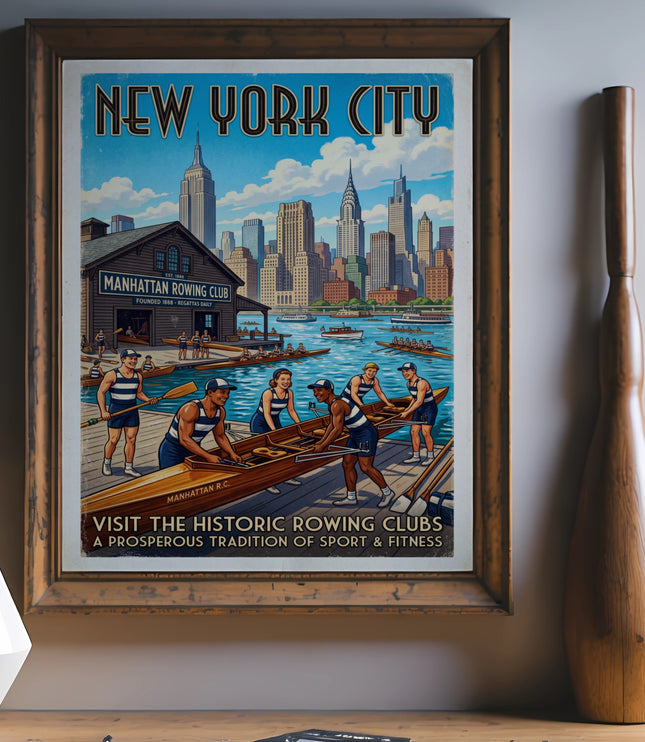New York City vintage poster of rowing club and skyline, men and women in rowboats.