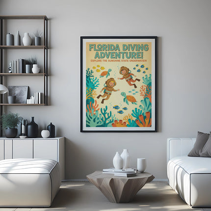 Framed poster of "Florida Diving Adventure!" featuring cartoon divers and sea life.