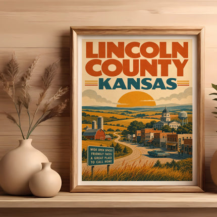 Framed vintage poster of Lincoln County, Kansas, featuring a town scene and rural landscape.