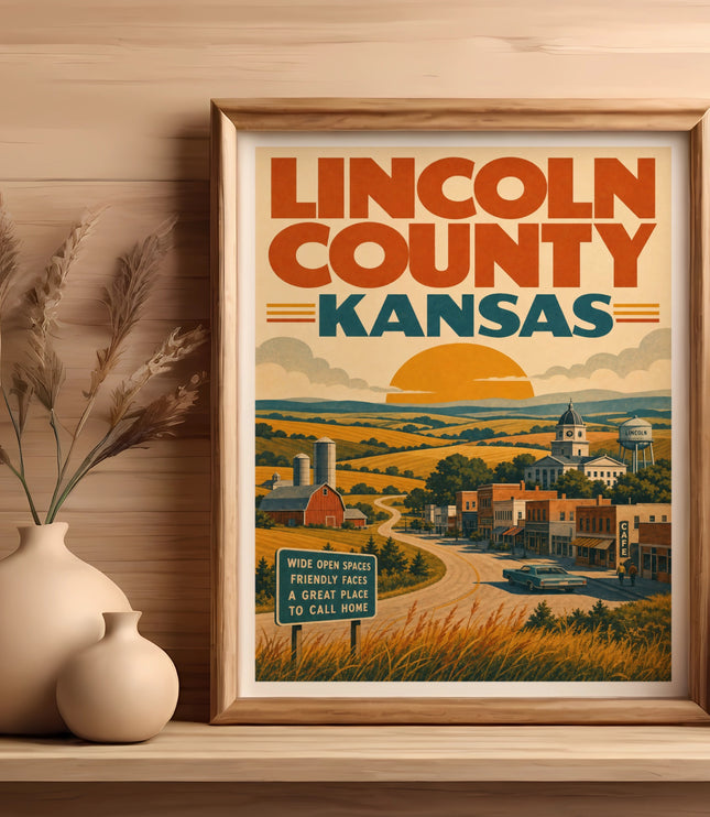 Framed vintage poster of Lincoln County, Kansas, featuring a town scene and rural landscape.