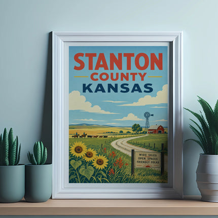 Stanton County Kansas vintage travel poster with sunflowers, windmill, and open fields.