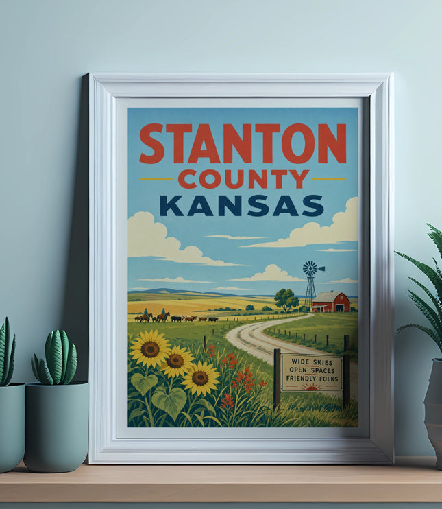 Stanton County Kansas vintage travel poster with sunflowers, windmill, and open fields.
