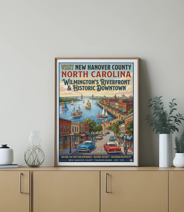 Wilmington NC riverfront and historic downtown vintage travel poster.