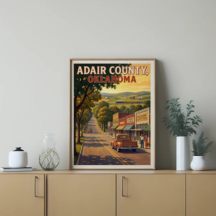 Vintage Adair County, Oklahoma travel poster artwork featuring a street scene.