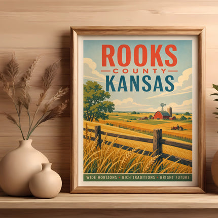 Framed vintage poster of Rooks County, Kansas landscape with farm and text.