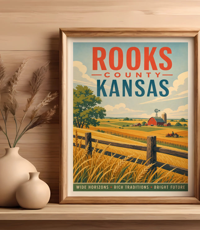 Framed vintage poster of Rooks County, Kansas landscape with farm and text.