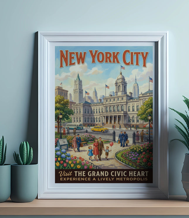 New York City vintage poster illustrating a street scene with buildings, people, and text.