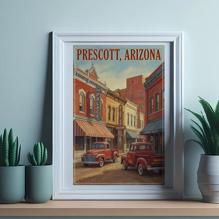 Prescott, Arizona vintage travel poster with vintage trucks and buildings.