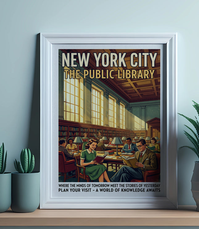 New York City Public Library vintage poster with people reading.