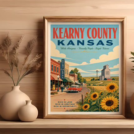 Kearny County Kansas travel poster with vintage car and sunflowers.