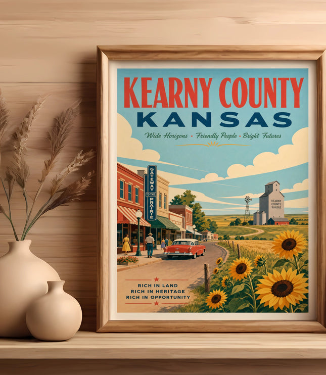 Kearny County Kansas travel poster with vintage car and sunflowers.